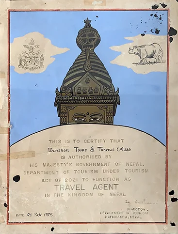 UTT's 1975 Travel Agent licence — Department of Tourism, Government of Nepal